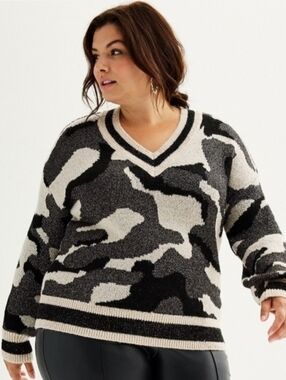 Nine West Shine Black/Cream Metallic V-Neck Camo Pullover Sweater 3X New